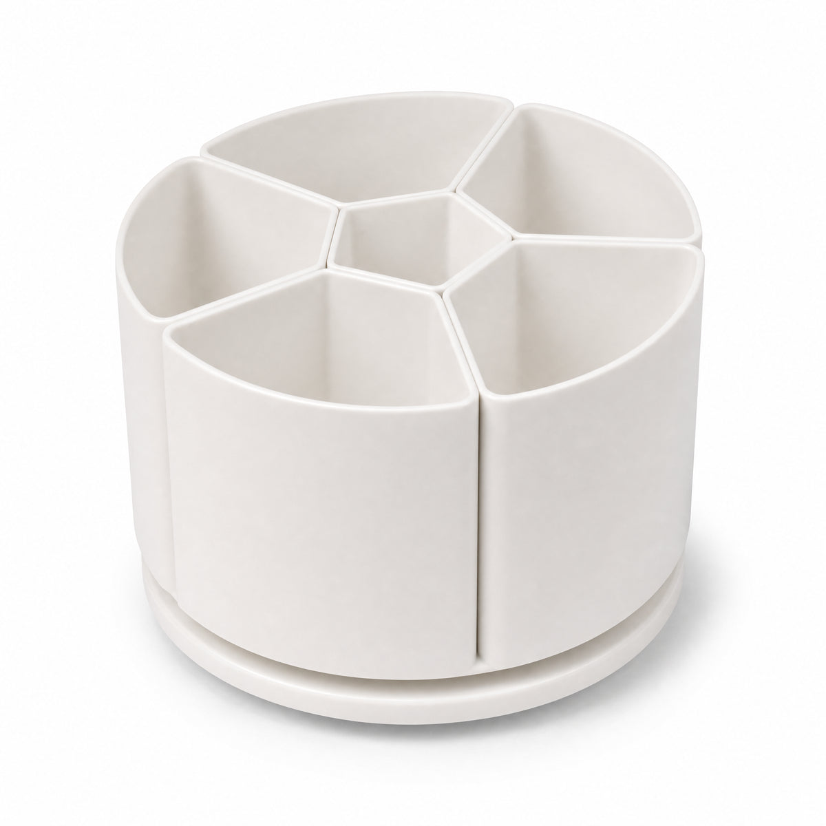 Soft-white six-section desktop organiser viewed from above at an angle