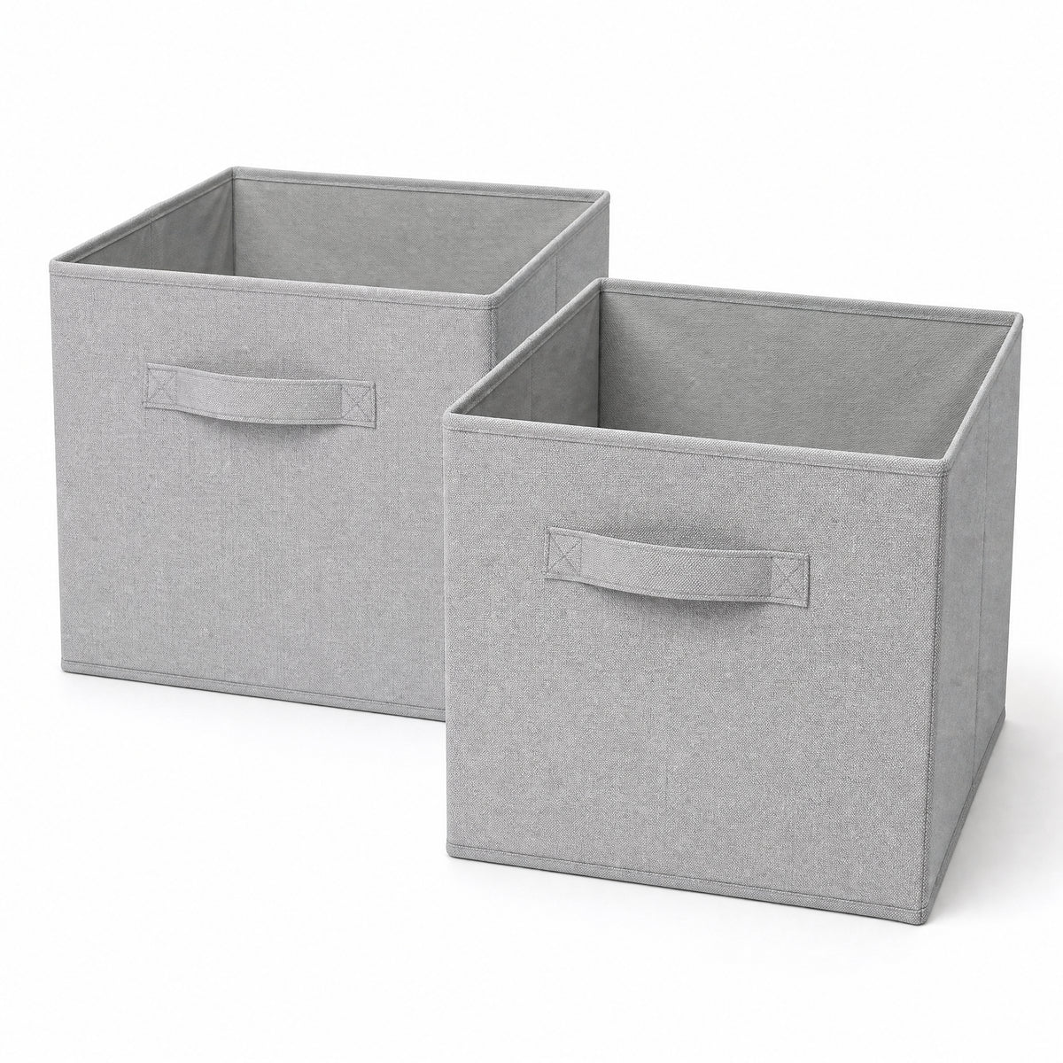 Set of two assembled light-grey fabric storage cubes on a white background