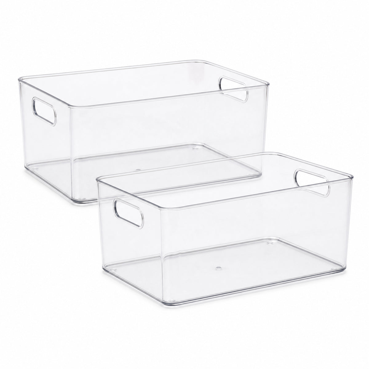 Set of two clear open-top storage bins with side handles on white