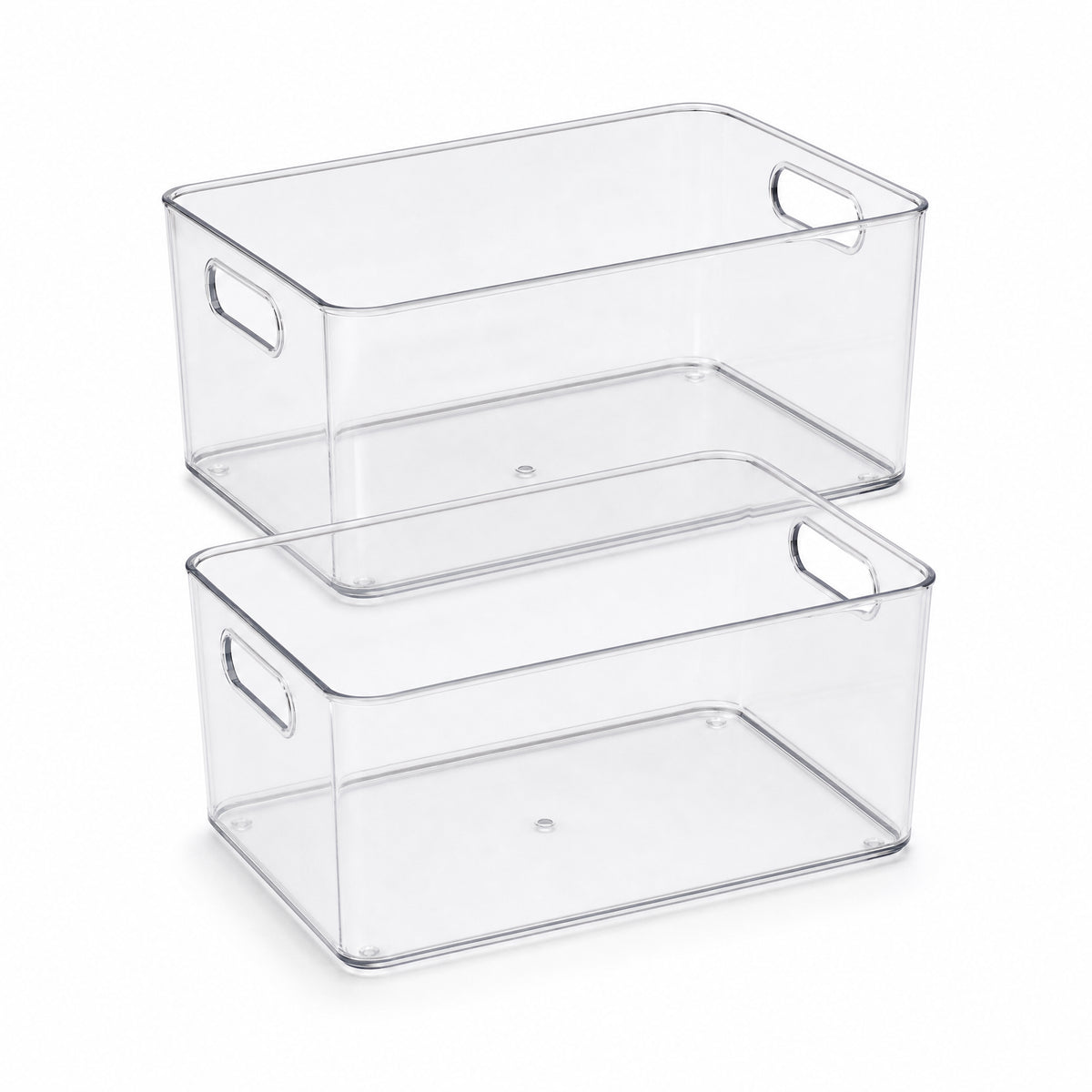 Two empty clear storage bins arranged in a stack-ready position