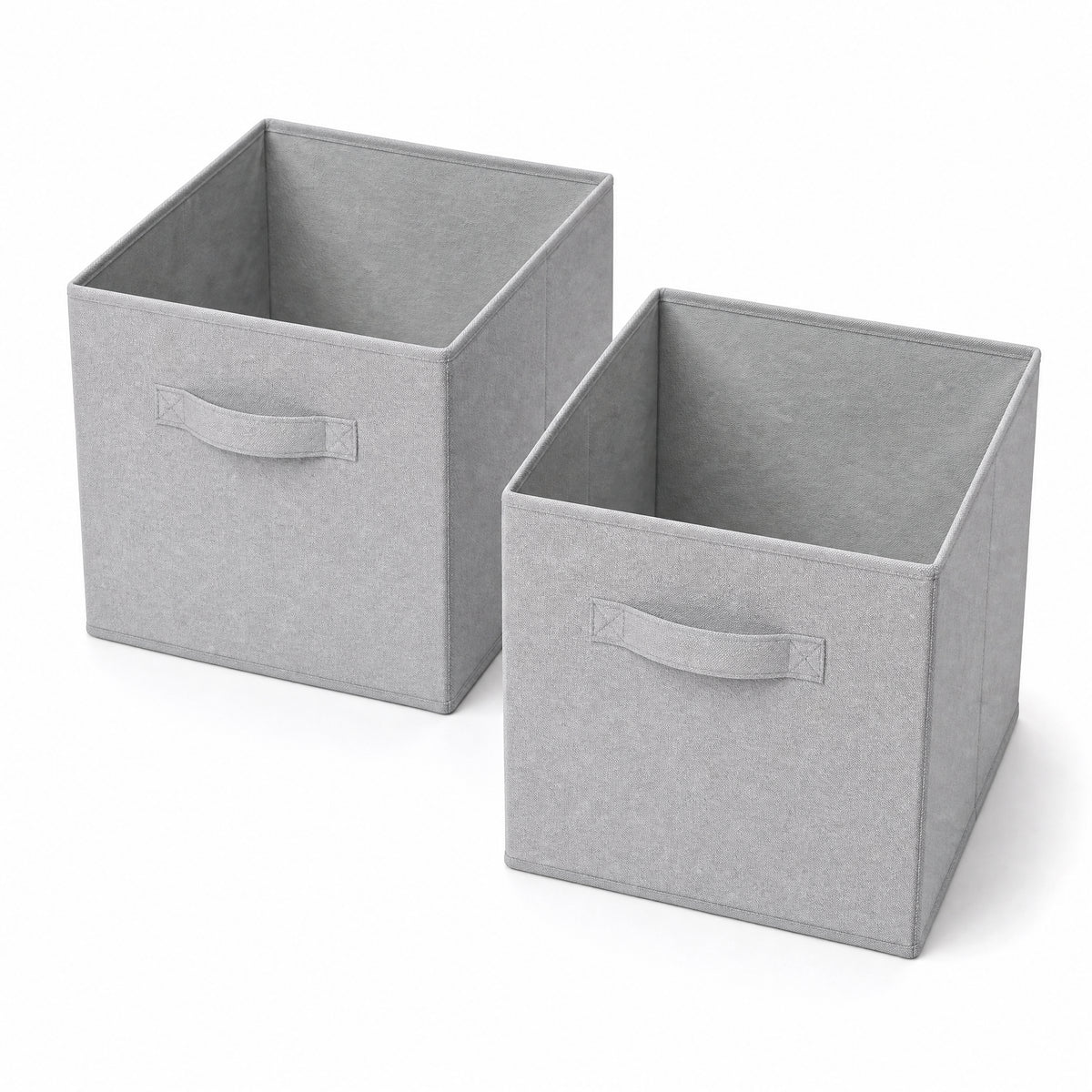 Two empty light-grey storage cubes viewed from above at an angle